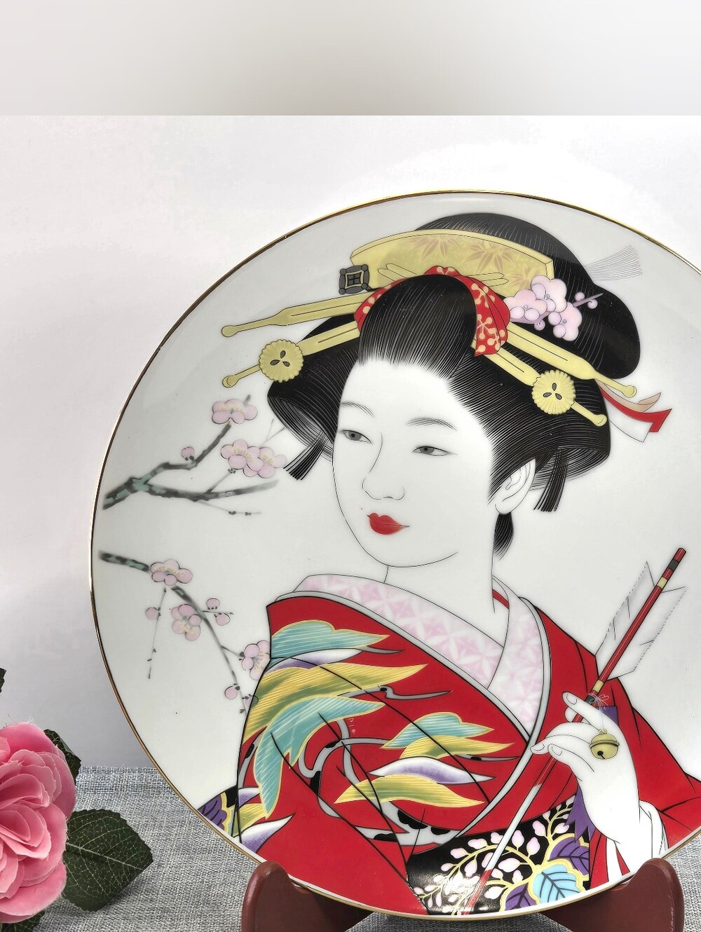 Vintage Japanese Porcelain Decorative Plate Geisha Red Kimono 10" Not Food Safe